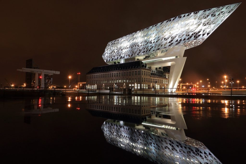 Belgium Antwerp, port office in night